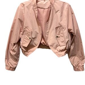Women's Pink Cropped Lightweight Nylon Bomber Jacket W/Pockets Casual Spring med